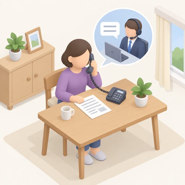 A simplified isometric figure of a customer at home holding a telephone while a company representative's call checks their register details, shown as a phone with blank speech blocks and a household record sheet on the table with plain blank lines only.