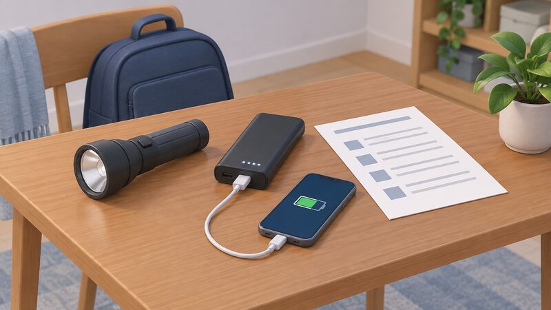 A household emergency kit laid out on a table with a torch, a charged battery pack with a phone charging cable, and a printed power cut plan sheet beside them, showing the plan as one item among the household's own equipment.