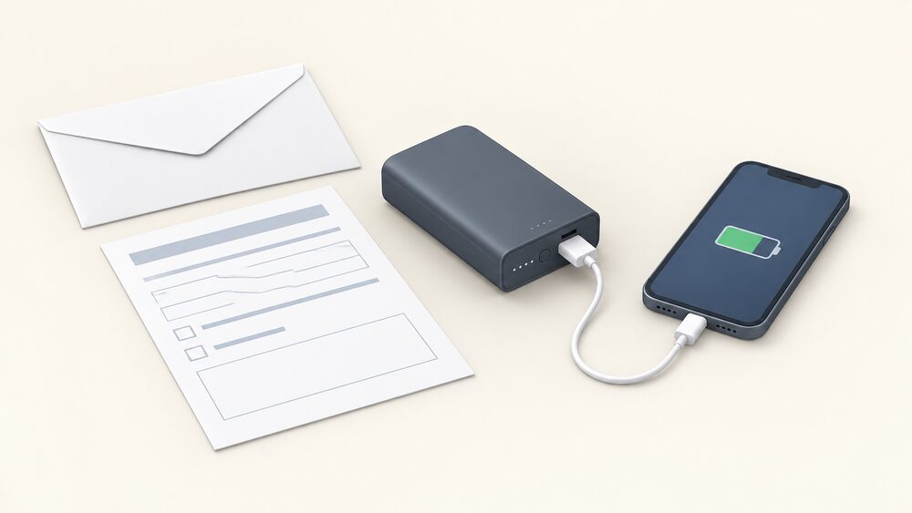 A small tabletop arrangement showing a blank application form and a plain envelope beside a portable battery pack with a charging cable and a mobile phone, representing the free support a registered household receives during a power cut.