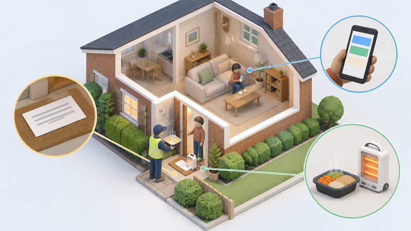 A cutaway isometric house during a power cut with a small figure inside receiving a phone update, a letter of advance notice on the mat, and a second figure at the door delivering a hot meal and a portable electric heater.