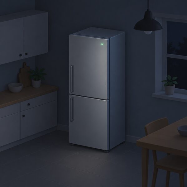 A closed fridge-freezer standing switched on in a kitchen during a power cut, its doors kept firmly shut with no one opening them, shown in a dim room with unlit lights to convey the outage.
