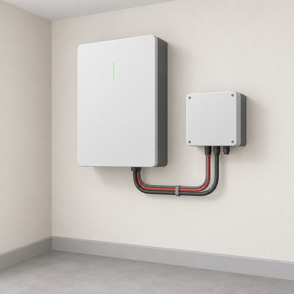 A rectangular home battery storage unit mounted high on an indoor wall, with its connecting cables running down to a small wall-mounted inverter or switch box beside it, shown in a simple room corner with no other equipment.