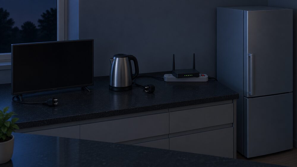 A dark kitchen worktop at night during a power cut: a kettle's plug pulled out and lying beside it, a television switched off with its plug loose, a surge-protected extension strip with a router still plugged in, and a closed fridge-freezer standing with its door shut.