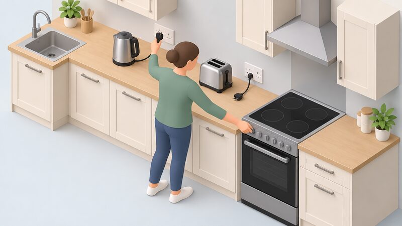 A householder in a kitchen during a power cut reaches along a worktop unplugging small appliances like a kettle and toaster from their wall sockets, while beside them a hand switches a large cooker off at its control panel.