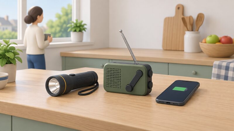 A tidy kitchen worktop with a torch, a wind-up radio and a phone laid out ready for a scheduled three-hour power cut, all low-technology items needing no grid supply.