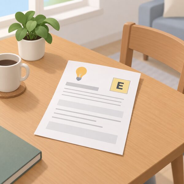 A paper electricity bill lying on a household table, its front page shown with a small square box in the top third containing a single plain letter block, with blank lines for the rest of the bill content.