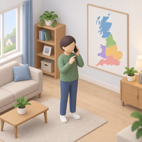 A simplified figure stands indoors holding a mobile phone to their ear, dialling the free 105 power cut number, with a plain map of Great Britain divided into plain colour regions on the wall behind showing the regional spread across England, Scotland and Wales.