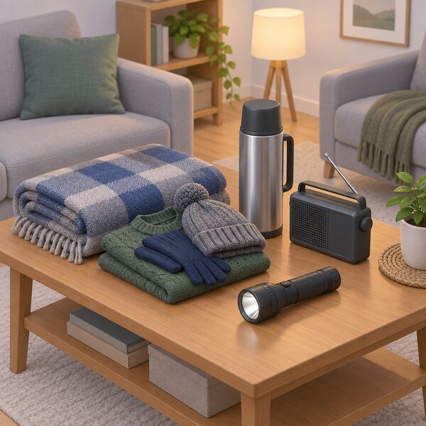 A torch lying on a living room table beside a folded blanket and warm clothes, with a battery-powered radio and a thermos flask nearby, ready for a planned power cut.