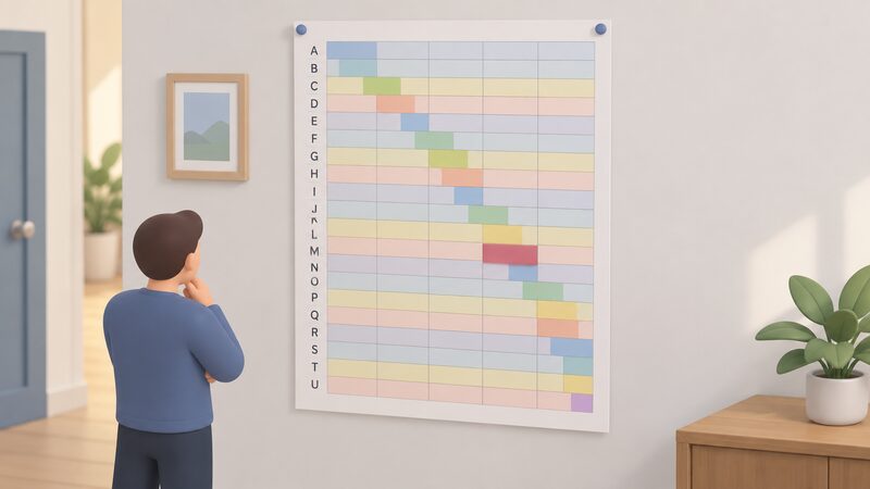 A printed rota timetable sheet pinned to a wall, drawn as a grid of plain colour bands with block letters A to U down one side and three-hour slots across the day, with one block's band shaded to show its single disconnection slot.