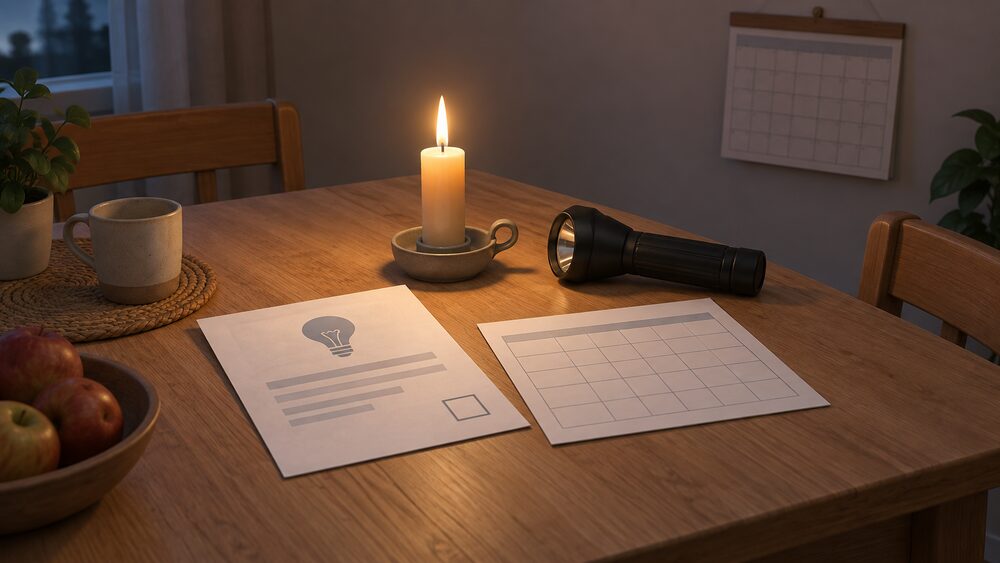 A kitchen table during a scheduled power cut: a paper electricity bill with a small empty square box on its front page lies beside a lit candle in a holder, a torch, and a blank printed timetable sheet, with a wall calendar hanging dimly in the background.