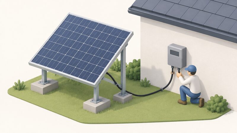 A rigid solar panel fixed at a tilted angle on a permanent mount outdoors, with a cable running to a separate MPPT charge controller box mounted on a nearby wall, a small isometric figure connecting the cable between them.