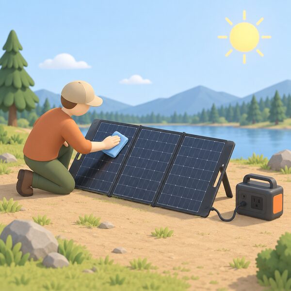 A simplified isometric figure outdoors wiping dust from the face of an unfolded folding solar panel with a soft cloth, the panel resting on the ground angled toward the sun and connected by a cable to a portable power station beside it.