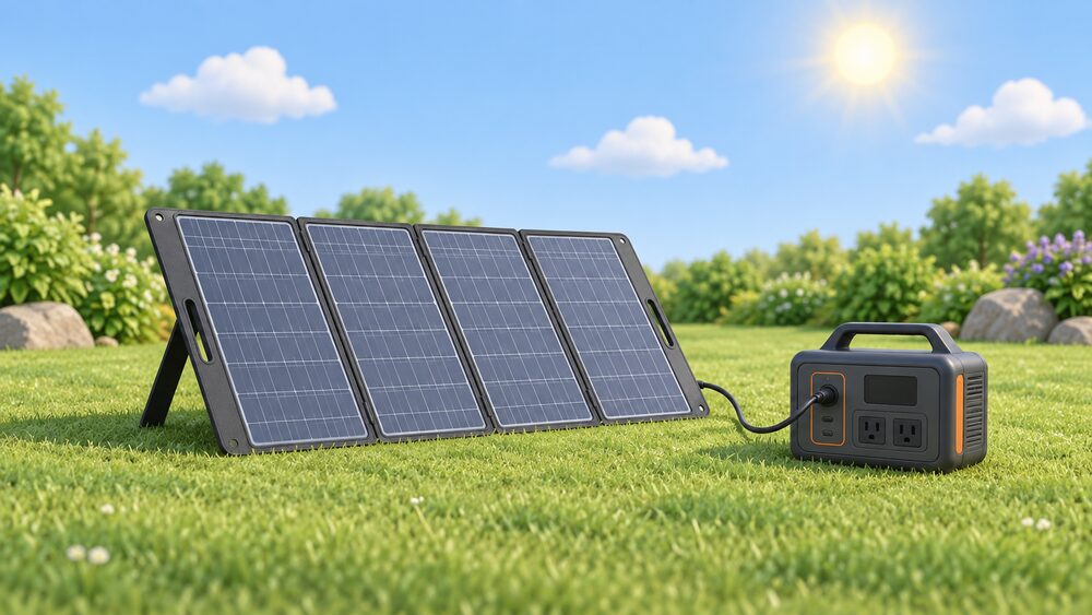 A close-up of a folding solar panel propped at an angle on a garden lawn, its cable running to a portable power station sitting on the grass beside it, with the sun and a few clouds above.