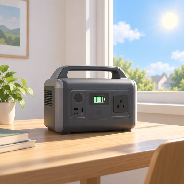 A portable power station battery unit standing indoors on a table beside a bright window in daylight, with sunlight falling on the unit to show it charging while the sun is up.