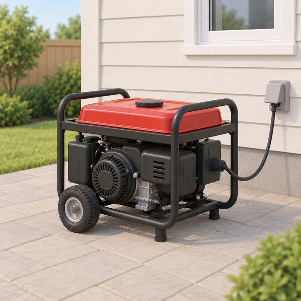 A portable petrol fuel generator standing outdoors on a paved patio beside a house wall, drawn as a compact engine-driven set on a frame with wheels, exhaust and fuel tank, sized to carry household loads.