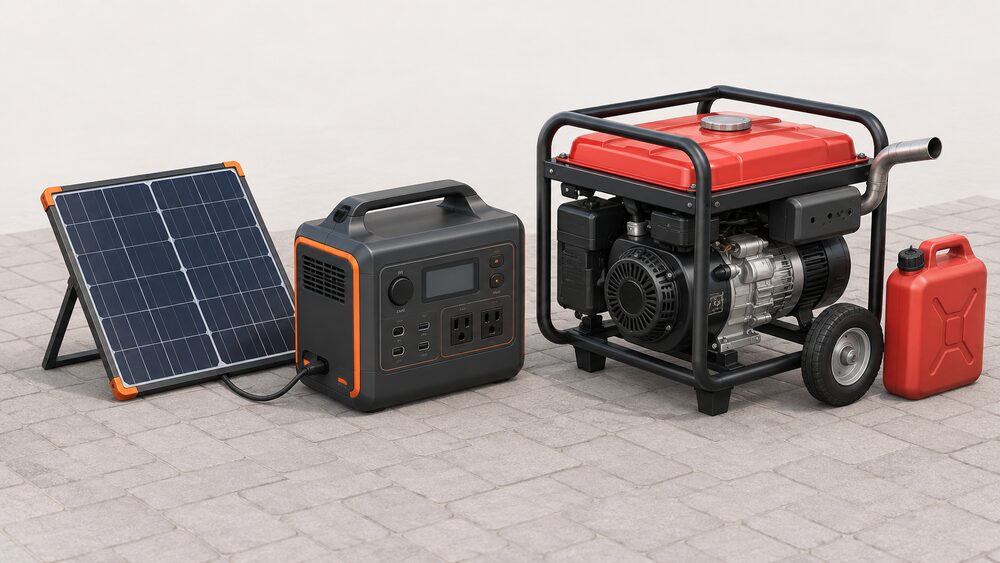 A close-up of two portable backup power units side by side on a paved surface: a boxy solar generator battery-and-inverter unit with a small fold-out solar panel beside it, and a wheeled petrol fuel generator with an exhaust pipe and a jerrycan of stored fuel next to it.