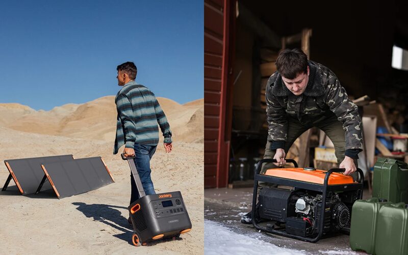 A split image comparing a man pulling a Jackery portable solar generator with solar panels in a desert and a man lifting a petrol generator beside fuel cans