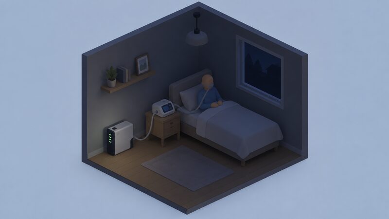 A small home battery pack indoors connected by a cable to a powered medical device beside it, with a simplified isometric figure nearby, while the room's ceiling light is off indicating a power cut.