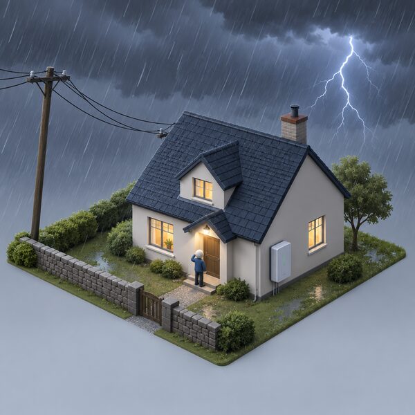 A detached rural home under a dark, stormy sky with driving rain and a stylised lightning bolt, an overhead power line swaying toward the house, a small battery pack unit on an outside wall, and a simplified isometric figure at the door looking up at the weather.