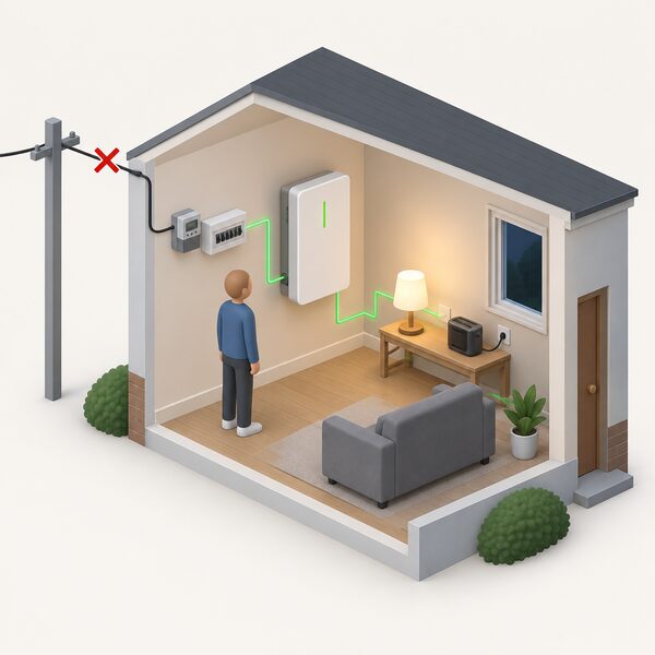 A wall-mounted domestic battery pack in a home, connected to the incoming mains supply and powering a lamp and small appliance during a power cut, with a simplified figure standing beside it.