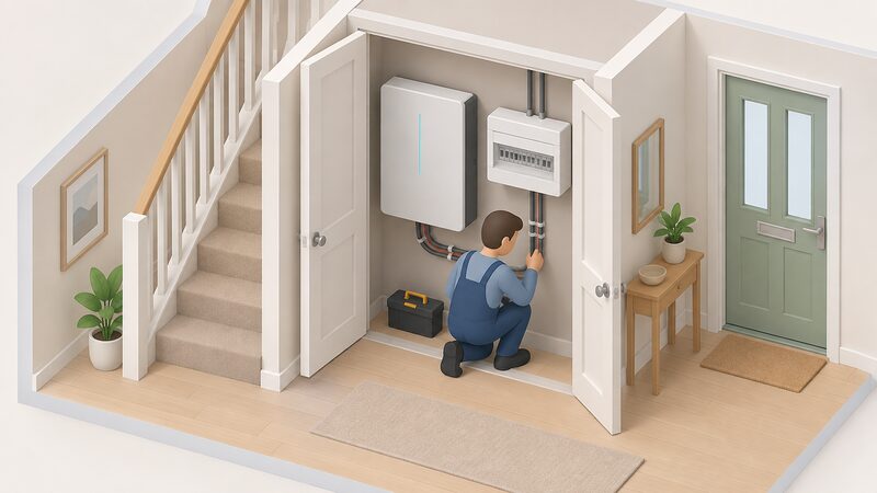 A cutaway view of a home hallway cupboard containing a wall-mounted lithium-ion home battery pack unit installed beside the household consumer unit, with a simplified isometric figure of an installer checking the connections, the battery wired to the mains supply with no solar panels present.