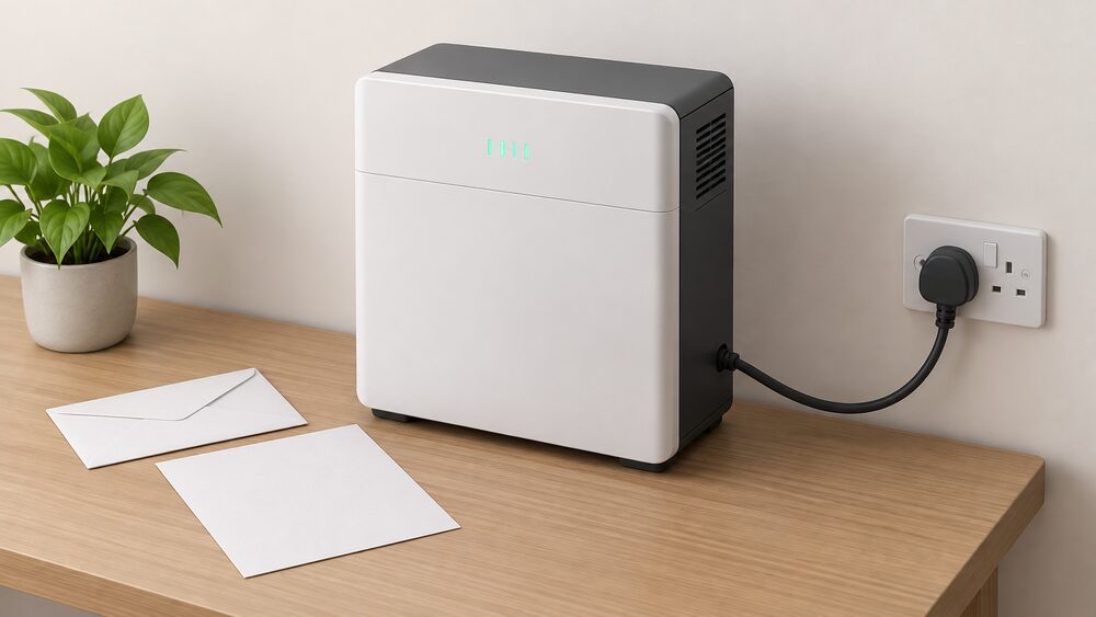 A compact wall-mounted home battery storage unit standing on a table beside a blank letter and envelope, with a mains plug lead running to a wall socket, representing a free battery pack offered through the post rather than bought.