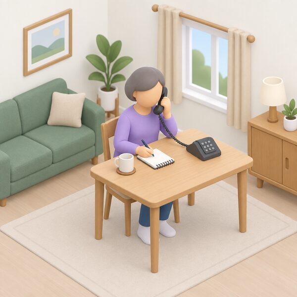 A simplified isometric figure sits at a table in a home living room, holding a telephone handset to their ear while a notepad and pen rest on the table, showing someone registering for the free Priority Services register by phone from home.
