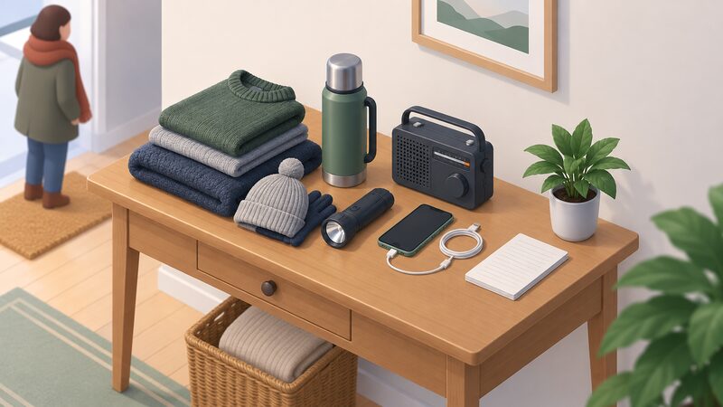 A simple isometric kitchen or hallway table laid out as a home power cut kit, with a torch, a mobile phone with a charging cable, a battery-powered radio, a thermos flask, folded warm layers and a small note of key contacts arranged neatly on its surface.