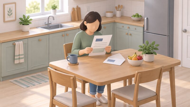 A householder seated at a kitchen table reading a personalised Power Cut Plan letter, the opened envelope beside them, with the letter's contents shown only as blank lines and plain blocks so nothing is readable.