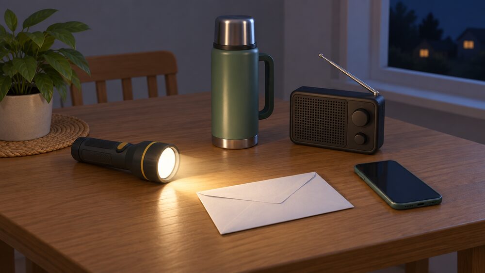 A kitchen table at night lit by a torch lying beside a sealed envelope, a charged mobile phone, a thermos flask and a battery-powered radio, suggesting a household prepared for a power cut with its personalised support plan arrived by post.