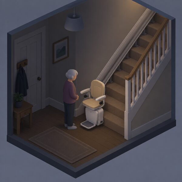 A domestic stairlift parked on its straight track at the foot of a home staircase, with a small isometric figure standing beside it, in a dim hallway suggesting a power cut.