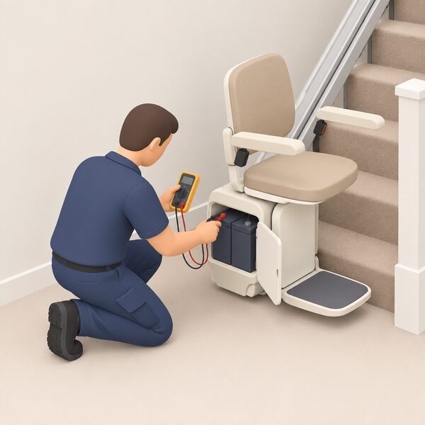 A technician kneeling beside a stairlift parked at the foot of a staircase, its seat swivelled aside, using a multimeter to test the battery pack in the open carriage unit during an annual service visit.