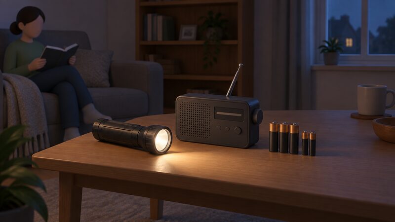A small table in a dim home interior with a torch, a battery powered radio and a row of spare batteries laid out together as a prepared power cut kit.
