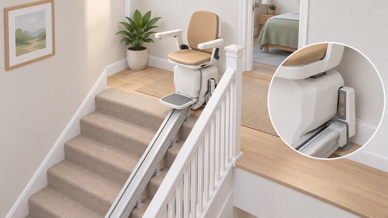 A stairlift carriage parked at the top of a straight staircase, its carriage resting against the charging contact point at the end of the track, with the track's charge point clearly visible where carriage meets track end.