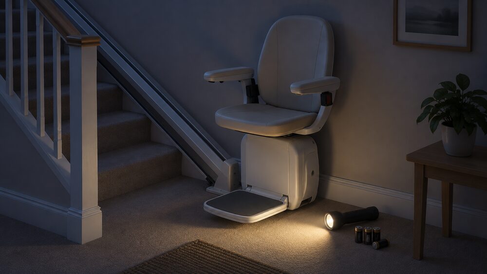A domestic stairlift with its seat and carriage parked at the charging point at the end of its straight track on a staircase, shown close up in a darkened house during a power cut, with a torch and spare batteries resting on the landing beside the track's end.