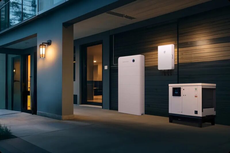 A Sigenergy home battery and gateway unit mounted on the wall of a modern house exterior at dusk, next to a backup generator