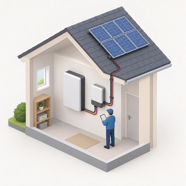 An indoor utility wall with a wall-mounted home battery beside its inverter, a small isometric figure checking the installation, with cabling running up to a rooftop solar array shown through the wall cutaway.