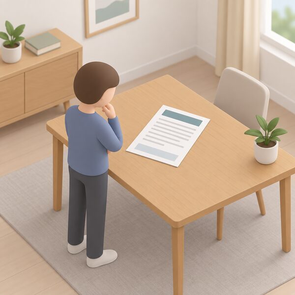 A printed warranty document for a home battery system lying flat on a household table, its pages showing only blank lines and plain colour bands, with a small simplified figure standing beside the table reading it before purchase.