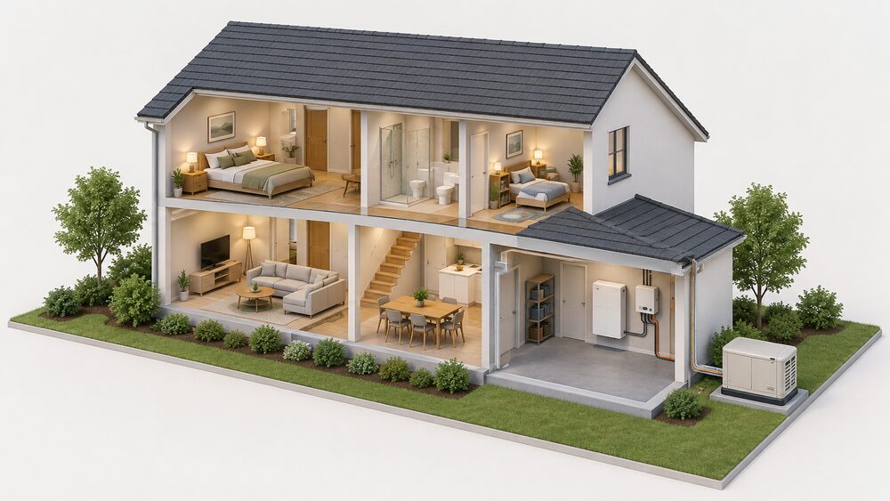 A cutaway house at dusk-free daytime showing a standby generator unit standing outside on the ground beside an external wall, while a wall-mounted home battery and its inverter sit inside the garage, both connected to the same house.