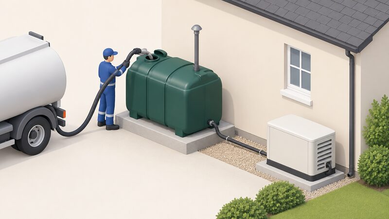 An outdoor fuel storage arrangement beside a house wall: a bunded tank on a plinth with a fill point cap and vent pipe, connected by fuel line toward a standby generator unit, while a delivery person holds a hose reaching the fill point.