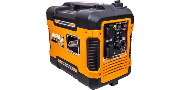An orange and black Impax 1900W portable inverter generator shown from the side with its control panel and sockets visible