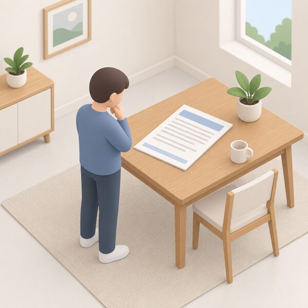 A printed warranty document lying flat on a household table, its pages showing only blank lines and plain colour bands, with a simplified isometric figure standing beside it reading the terms before deciding on authorised repair work.