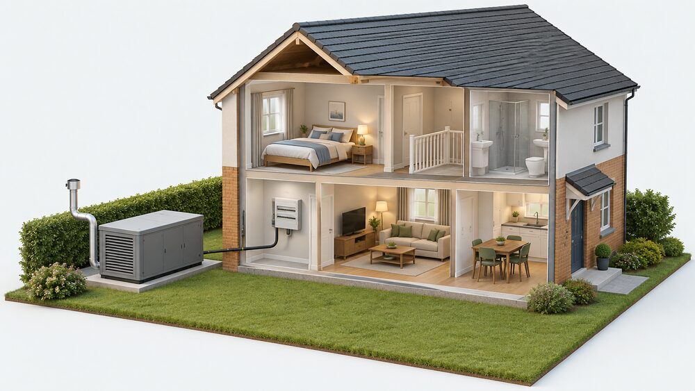 A cutaway of a house showing a permanently installed standby generator in a weatherproof acoustic enclosure standing outside on the ground, with its exhaust pipe routed away from the building and a cable running from the enclosure into the house to the consumer unit.