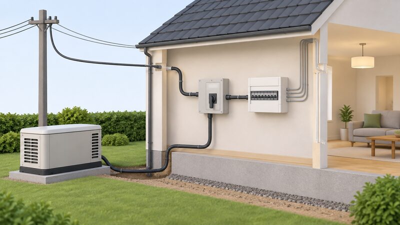 A cutaway wall view showing an automatic transfer switch beside the consumer unit, with the incoming network supply, the standby generator outside and a cable route connecting them so the transfer switch sits between the network and the house circuits.