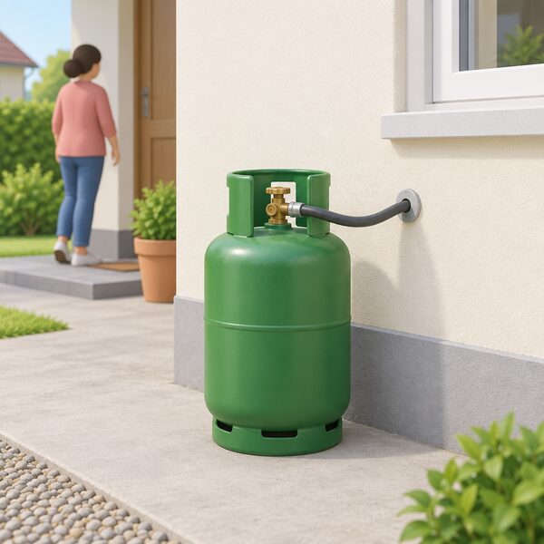 A green LPG cylinder standing upright on firm ground outdoors beside the exterior wall of a house, shown as an ordinary household object with its valve and connection on top, in a simple domestic setting.