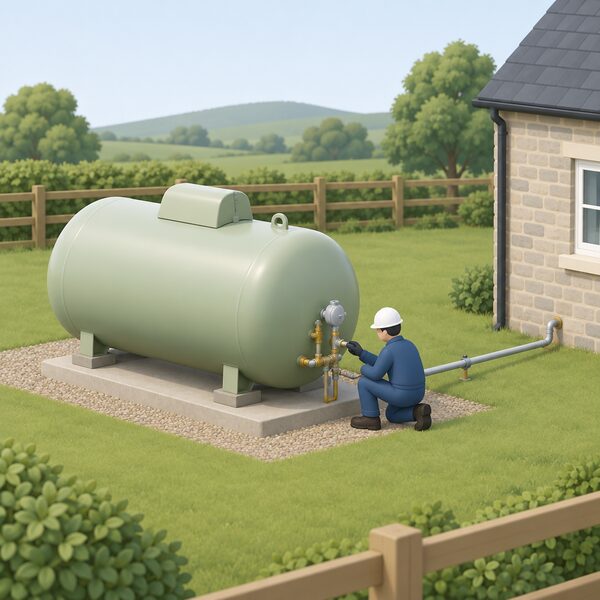 A large bulk LPG tank standing outdoors beside a rural house, with a simplified engineer figure in plain workwear kneeling at the tank carrying out its annual safety inspection, checking the tank's valves and pipework where it connects toward the property.
