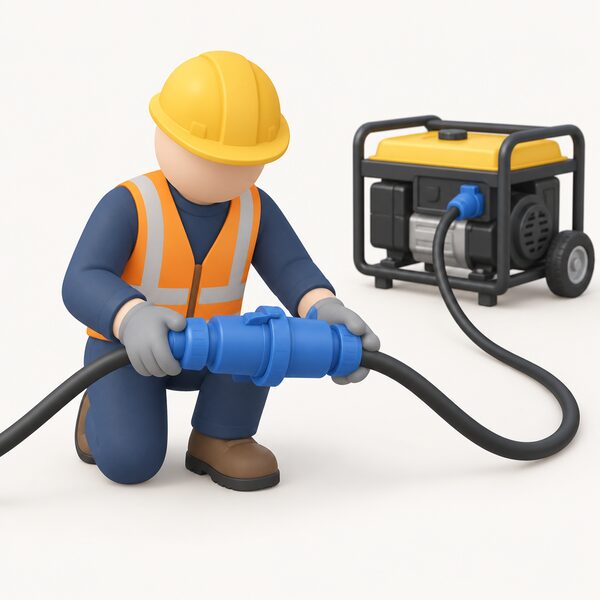 A close-up of a blue 16A site connector plug joined to its matching blue socket on a black generator cable, held by a simplified figure inspecting the connection, with the cable running to a portable generator in the background.