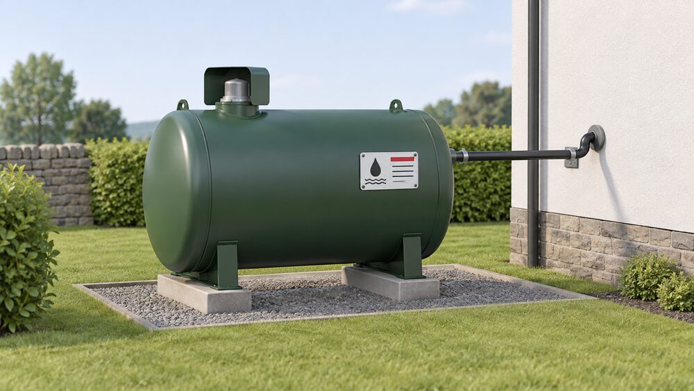 A fixed domestic oil storage tank standing outdoors on supports, set apart from a house wall behind it, with a protected fill point on top, a connecting pipe leaving the tank, and a durable notice plate fixed to the installation.