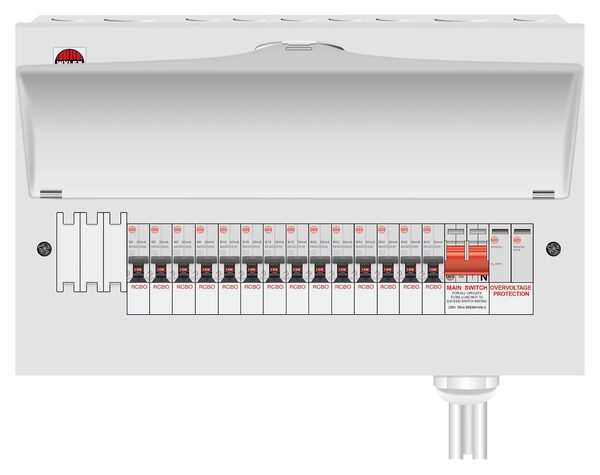A Wylex consumer unit with RCBOs, main switch and surge protective device fitted
