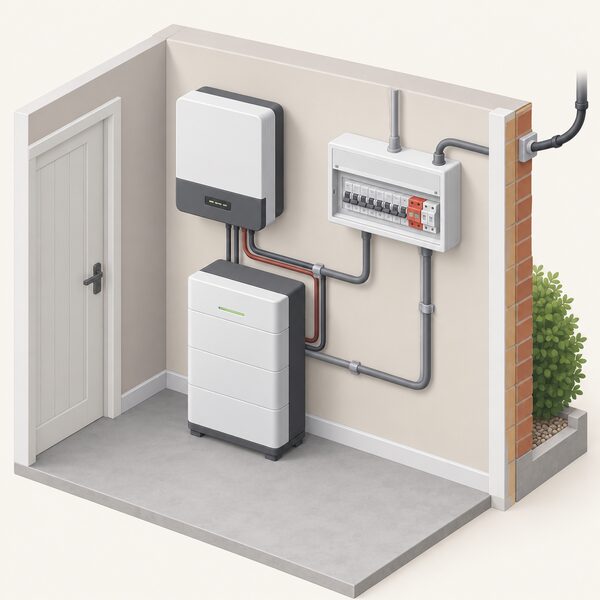 An indoor utility space with a wall-mounted solar inverter and a floor-standing home battery beside it, connected by conduit to a consumer unit with a small surge protection device module fitted alongside the circuit breakers, all linked back to the incoming electricity supply.